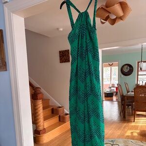 Rare Diane Von Furstenberg Green Halter Peacock Silk Sexy Adjustable Maxi Dress
